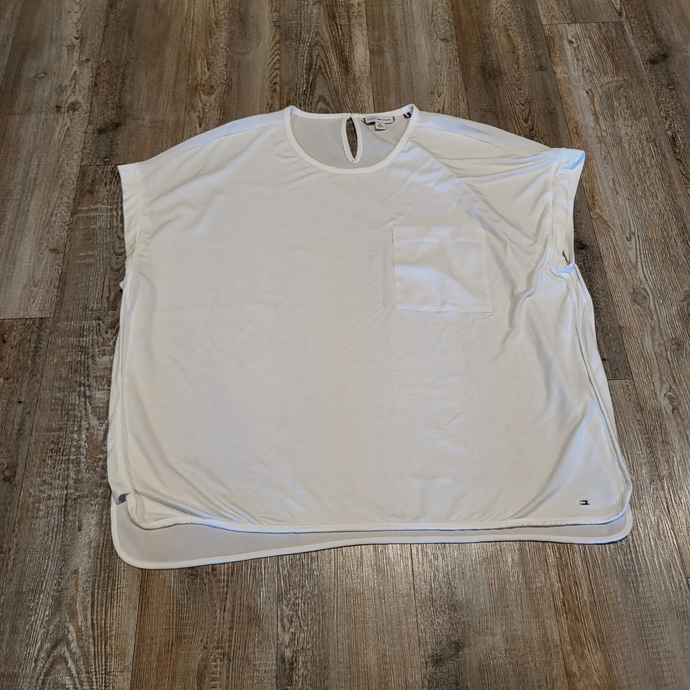 Tommy Hilfiger Cap Sleeved Blouse Mixed Media White Top Womens Size XL